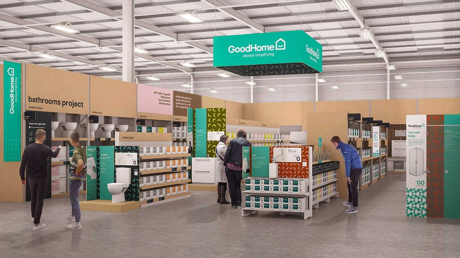 Interior of a Lowe's store showcasing the bathrooms project section with various toilet products and shelves, customers shopping, and signage indicating home improvement products.