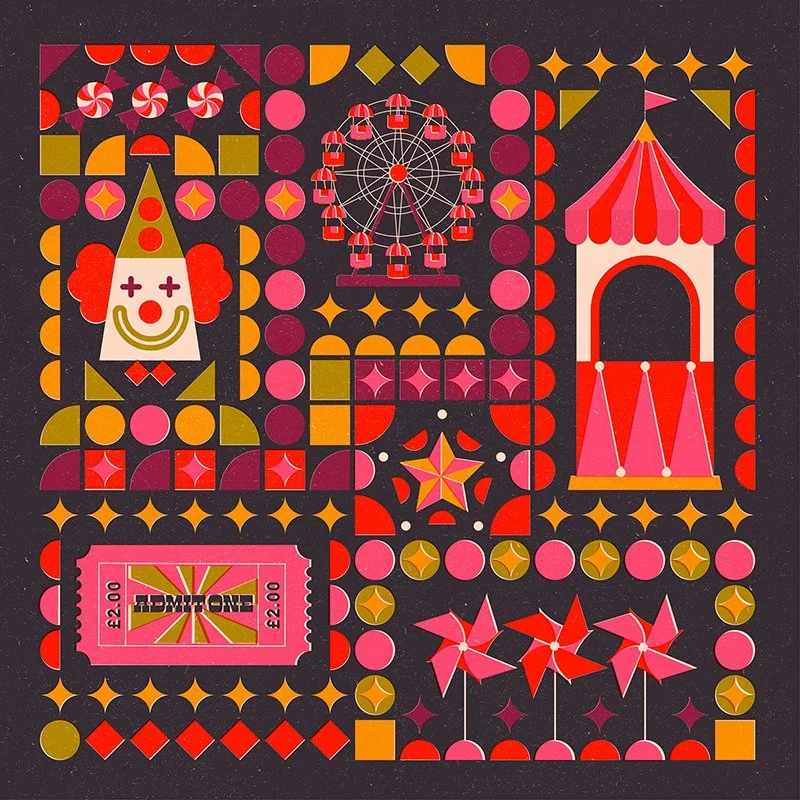 Colorful, geometric carnival or circus-themed pattern with a clown face, Ferris wheel, circus tent, star, tickets, and pinwheel designs in pink, red, yellow, and purple on a black background.