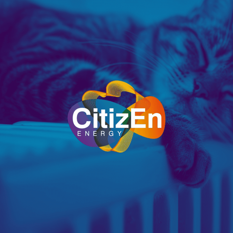 A tabby cat with closed eyes reaching out towards a surface, with the Citizen Energy logo superimposed in the center.