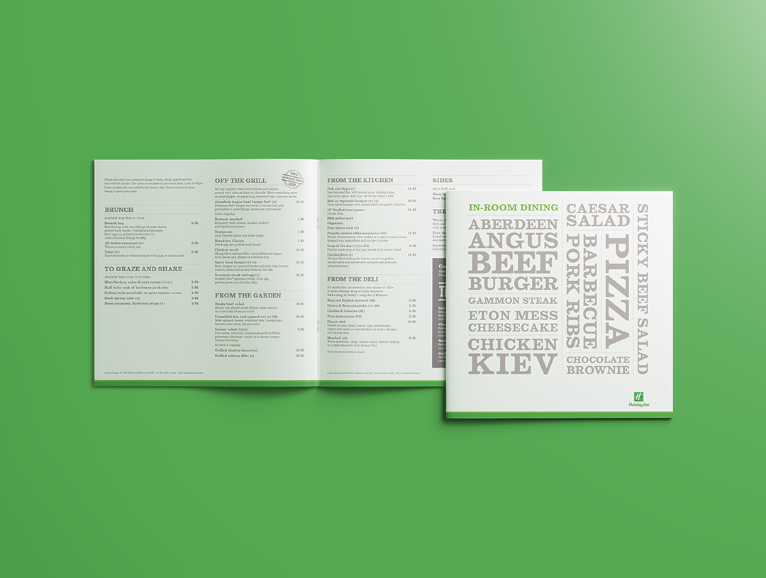 Holiday Inn in-room dining menu.