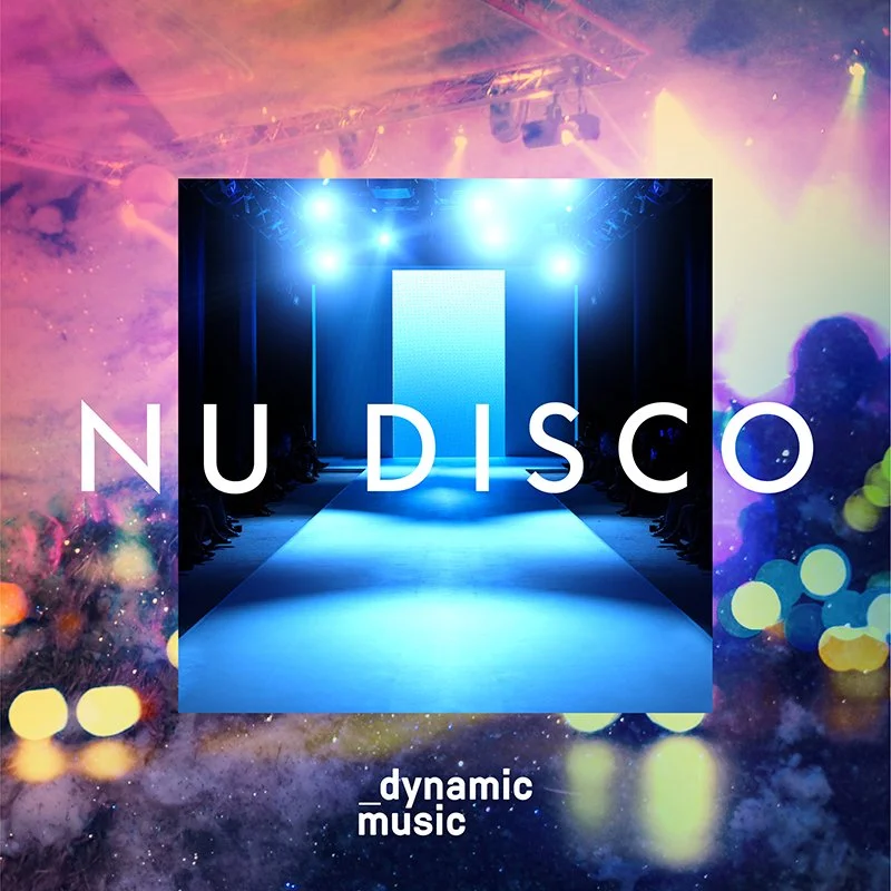 A fashion runway with bright blue lights and a large LED screen in the background, overlaid with the text 'NU DISCO' and 'dynamic music,' set against a colorful, galaxy-like background.