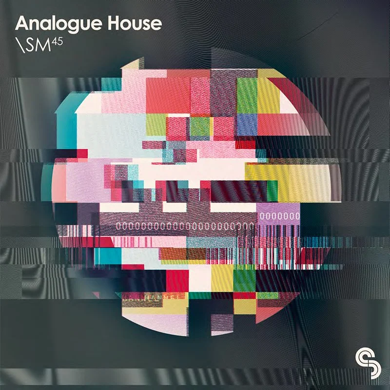 A digital artwork titled 'Analogue House' featuring a collage of colorful, distorted pixelated squares and lines against a dark background, representing a modern, abstract design.