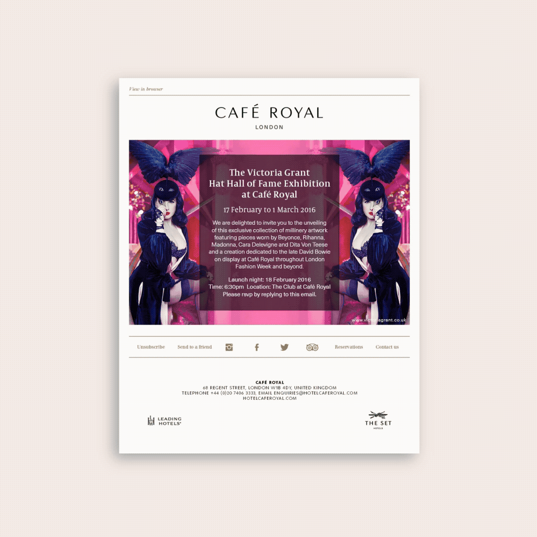 Event invitation flyer for the Victoria Grant Hat Hall of Fame Exhibition at Café Royal in London, featuring artwork including images of a woman with dark hair, wearing a dark outfit and large black butterfly wings.
