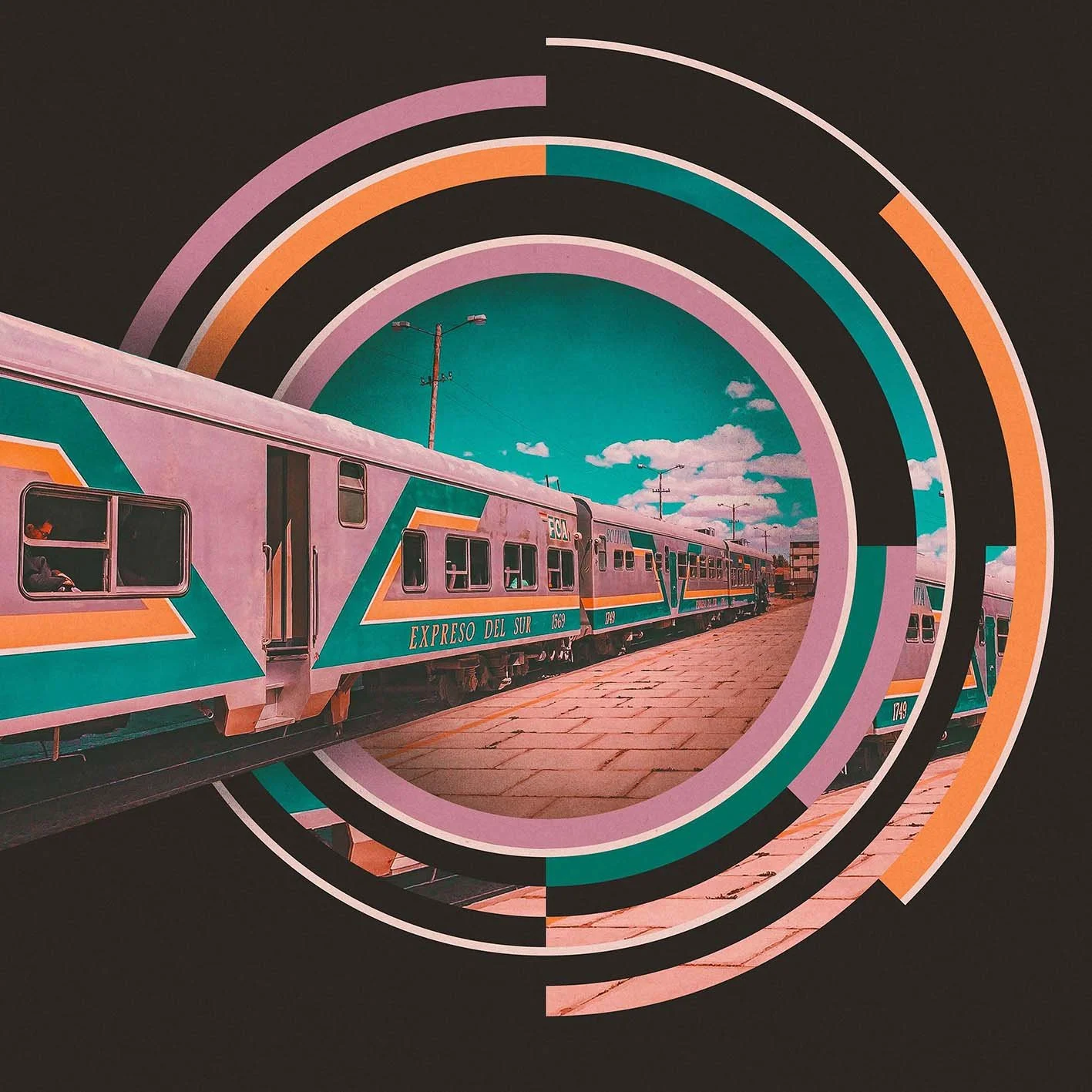 A train with colorful geometric patterns around it, including teal, orange, pink, dark purple, and black, on a brick platform under a blue sky with clouds and utility poles.