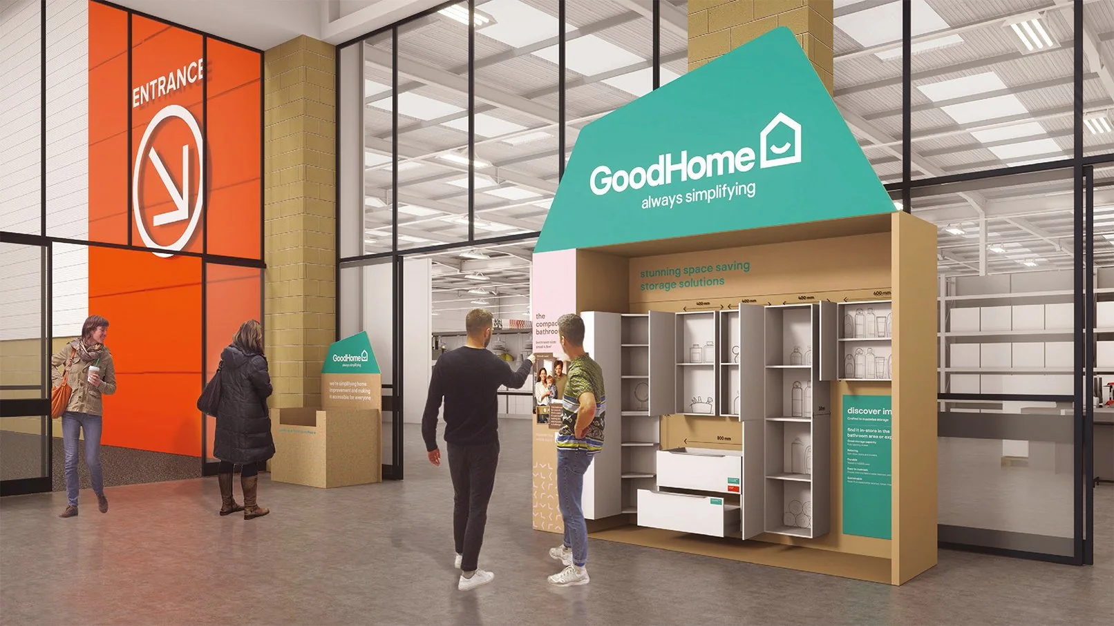 A retail store entrance with a display stand with "GoodHome" branding offering storage solutions. Inside, there are shelves with storage containers and a tagline "always simplifying."