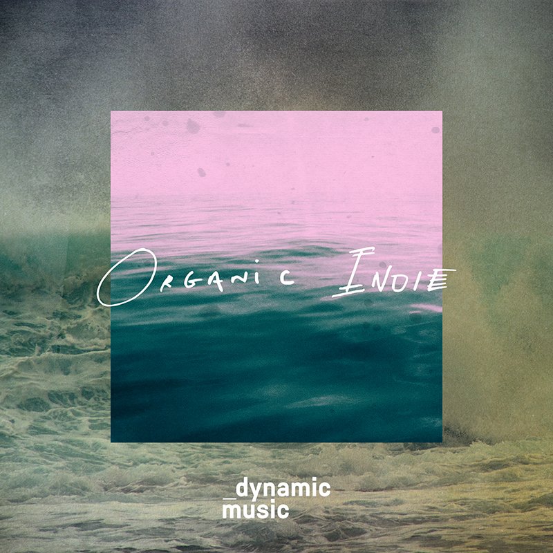 Album cover with pink and blue water background and white cursive text that says 'Organic Indie'. Smaller text at the bottom says 'dynamic music'.