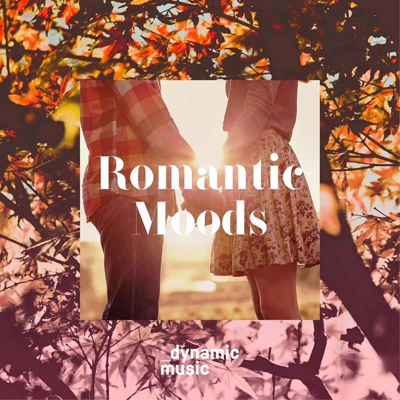 A couple standing close together outdoors during sunset, holding hands, with a background of autumn leaves. The image has overlaid text that reads 'Romantic Moods' and 'dynamic music'.
