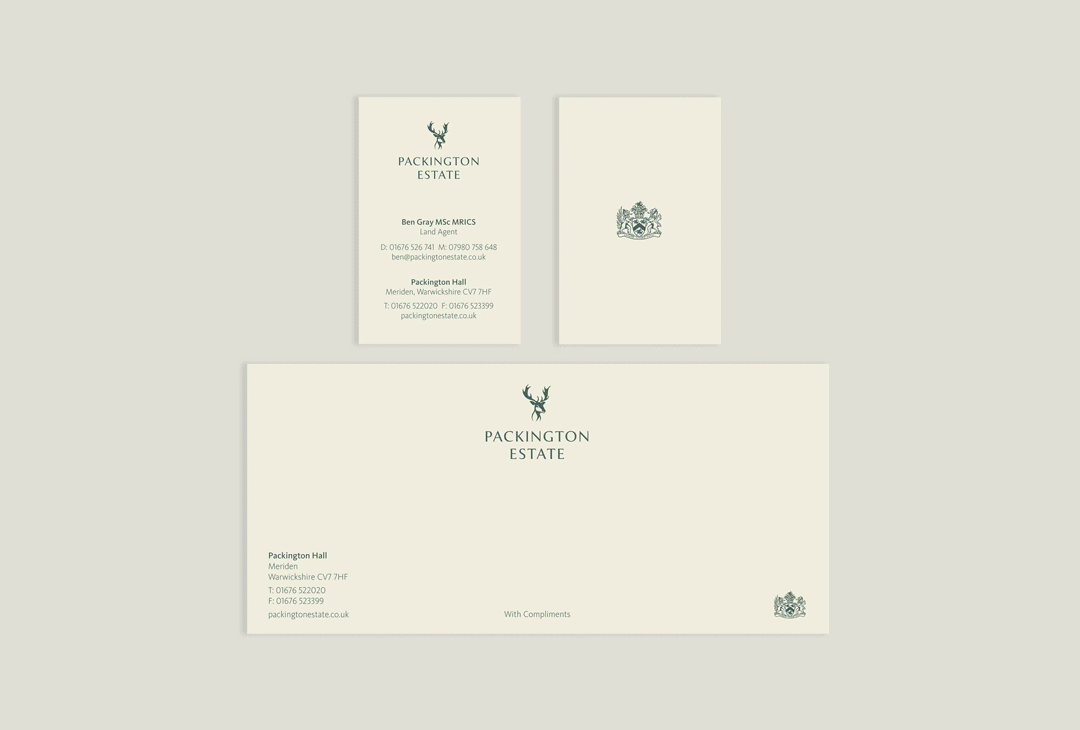 Business stationery for Packington Estate including letterhead, business card, and note card, all featuring a deer crest logo and a green and cream color scheme.