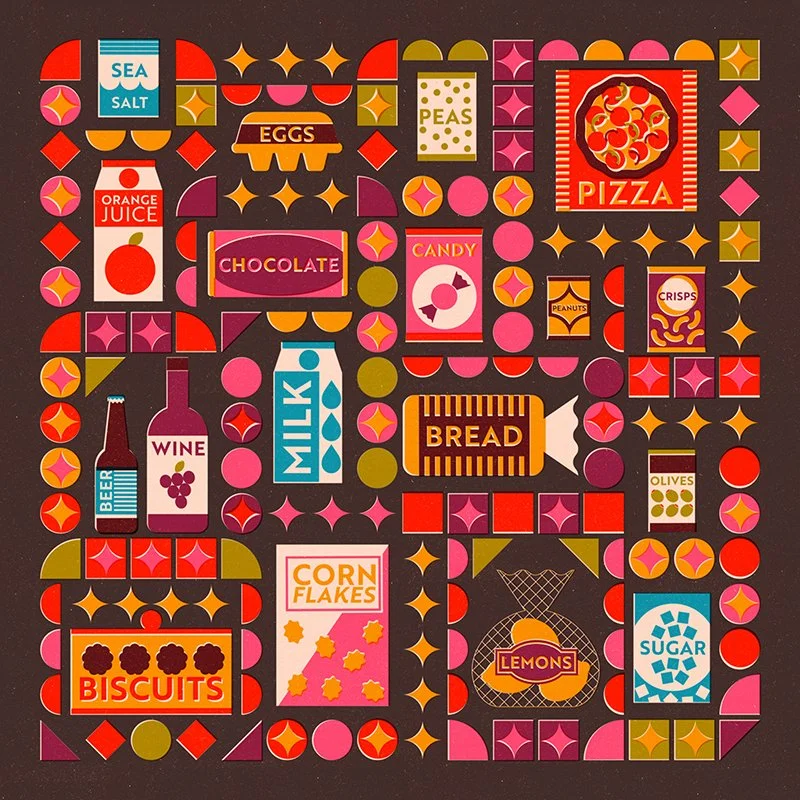 Colorful illustration of various food and drink items including sea salt, eggs, pepper, pizza, orange juice, chocolate, candy, peanuts, crisps, olives, bread, milk, wine, beer, biscuits, cornflakes, lemons, sugar, with some geometric shapes in the background.