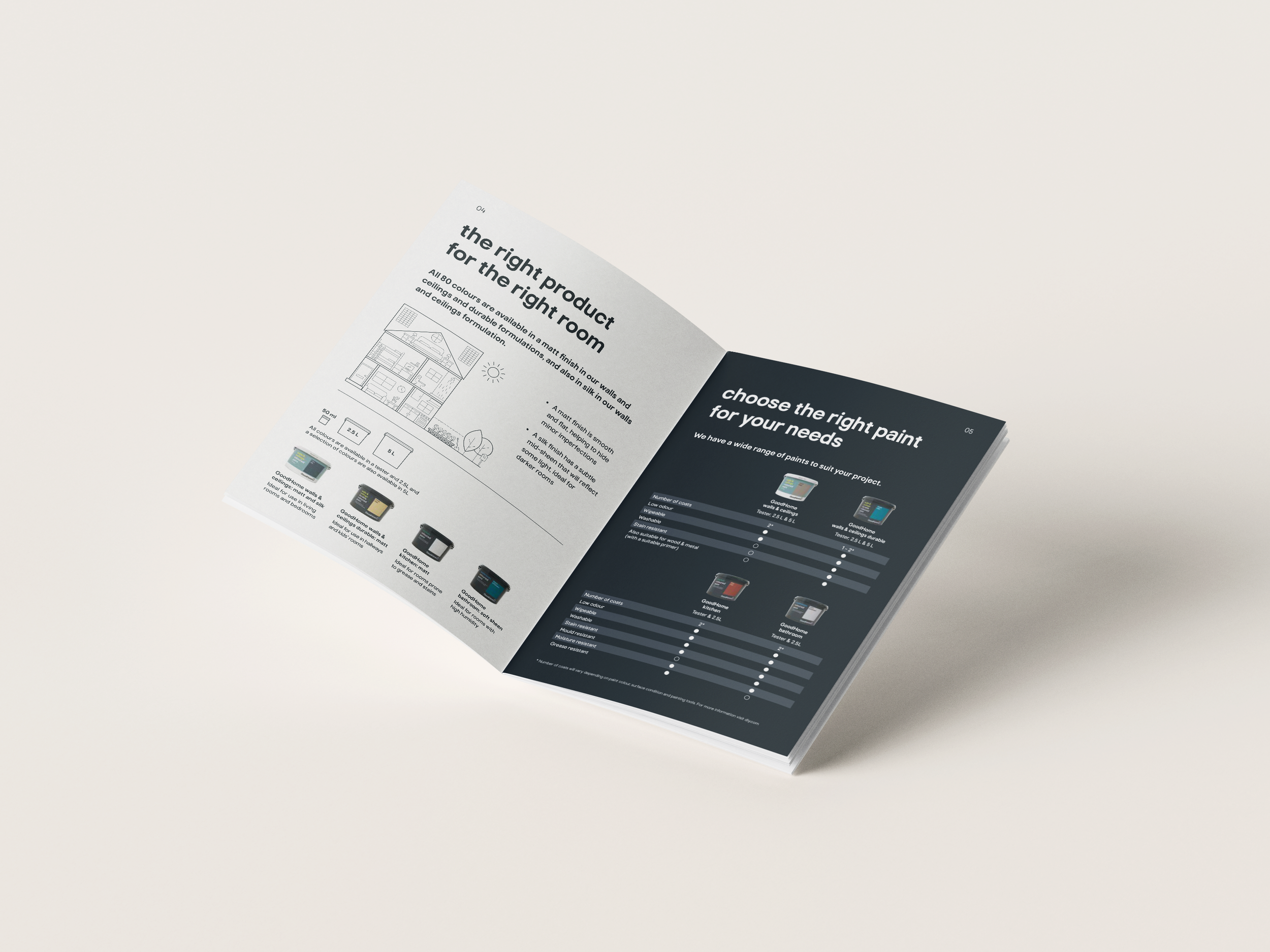 A brochure or catalog opened to two pages, showing paint options and a floor plan for a home renovation or design project.