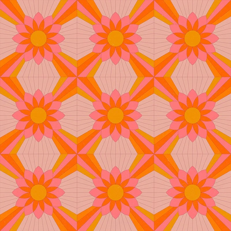 A geometric pattern featuring stylized pink and orange flowers with yellow centers, arranged in a repeating symmetrical design with hexagonal shapes in shades of peach, orange, and pink.