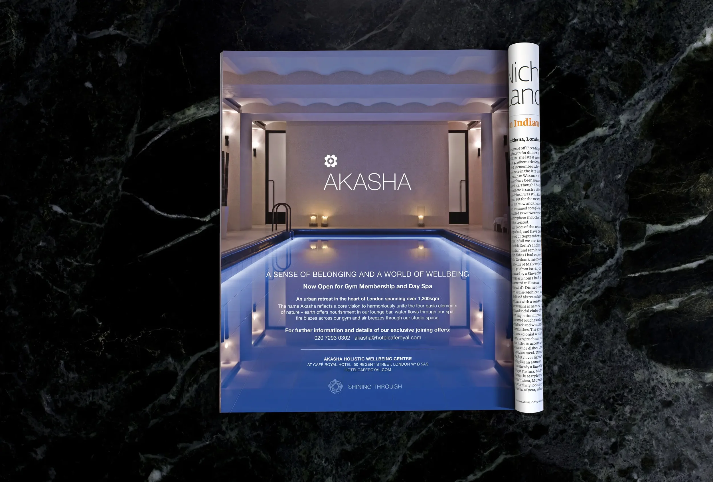 A brochure advertising Akasha, a holistic wellbeing center in London, featuring a modern spa interior with a pool and ambient lighting, and text about the center's services and contact information.
