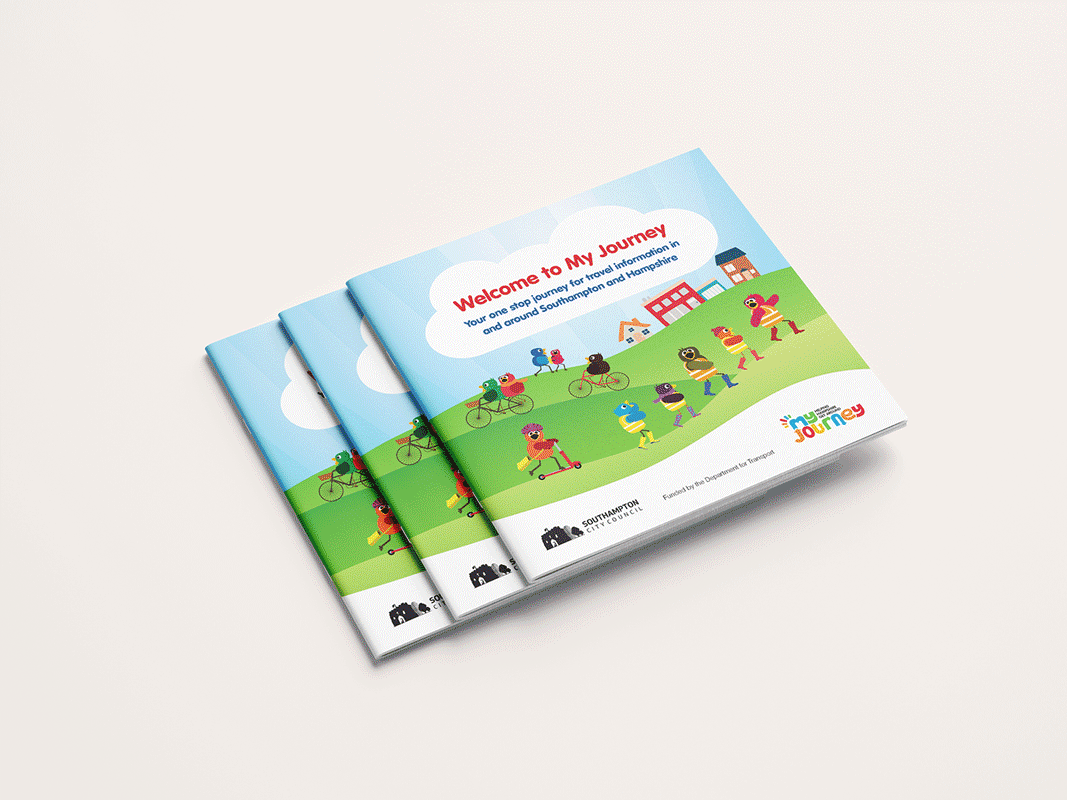 Three brochures titled "Welcome to My Journey" featuring cartoon characters riding tandem bikes and scooters on a grassy field with houses and a blue sky in the background.