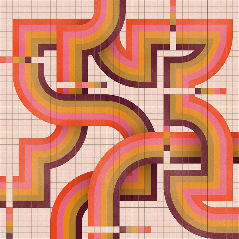 A colorful geometric pattern with curved lines and right angles in shades of pink, orange, yellow, and brown on a grid background.