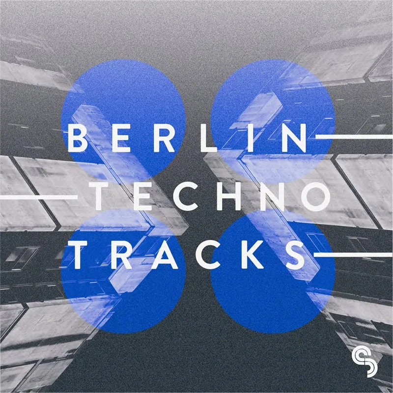 Graphic design with the words "Berlin Techno Tracks" over a dark cityscape background with geometric shapes and three prominent blue circles.
