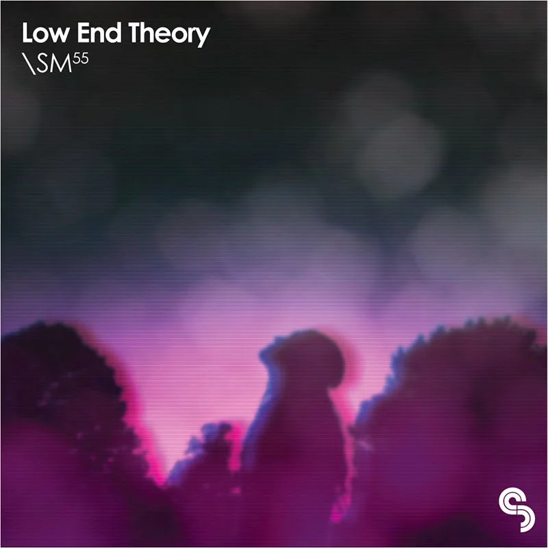 Silhouettes of trees and a dog against a purple and black sunset or sunrise sky with a blurred bokeh effect, featuring the text 'Low End Theory' and 'SM55'