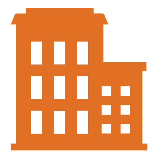Icône de bâtiment en orange avec plusieurs fenêtres.