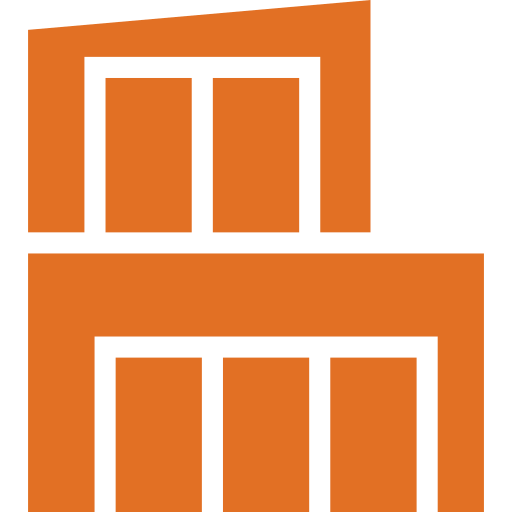 Une illustration de bâtiments ou de structures architecturales en style minimaliste, en couleurs orange et noir.