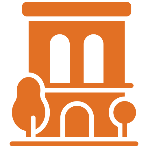 Icône d'un bâtiment avec deux colonnes, un arbre à gauche et un arbre à droite, en style minimaliste orange et noir.