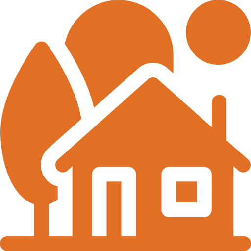 Icône illustrant une maison, un arbre, une montagne, un soleil, tout en style minimaliste et en couleur orange.