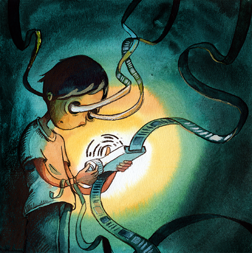 A boy wearing a virtual reality headset and holding a tablet, surrounded by twisting cables emitting a glow.