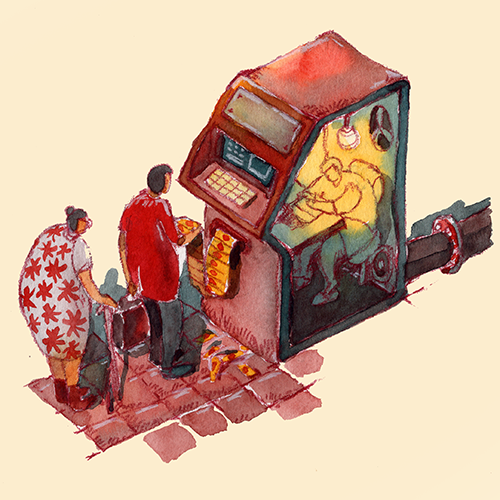 People in line waiting to access a train station with an illustration of a train on the building's wall.