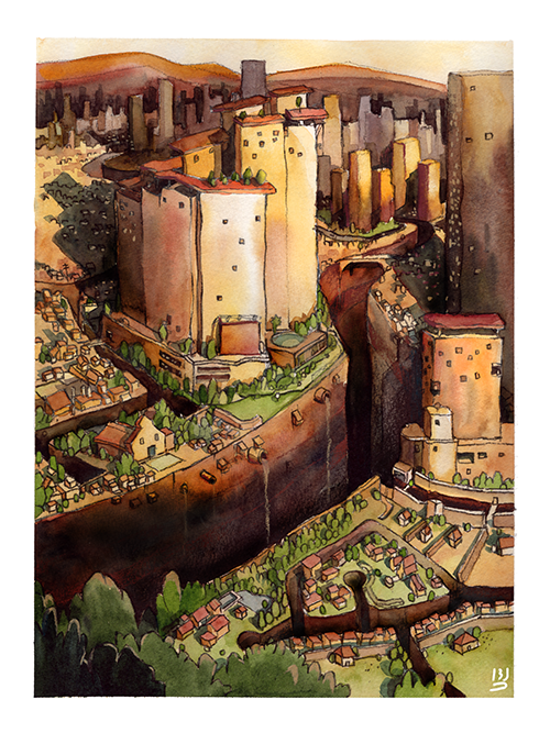 Watercolor painting of a city landscape with high-rise buildings, a river, and smaller houses below, with hills in the background.