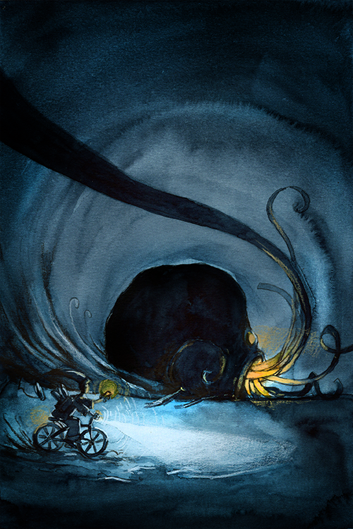 A cyclist rides past a giant swirling storm with a dark, menacing cloud and tendrils reaching out.