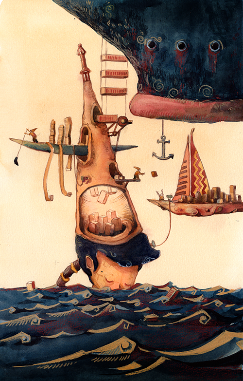 A surreal painting of a boy with a large upside-down head submerged in water, with various whimsical structures on his head resembling a ship and a castle, and a stormy sea with scattered paper or debris.