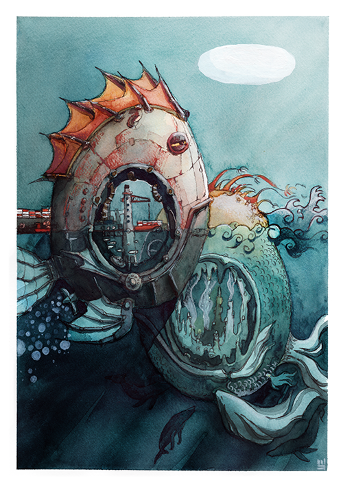 A surreal painting depicts a large fish with a circular, mechanical structure embedded in its body, surrounded by water and sharks, with a cloudy sky overhead.