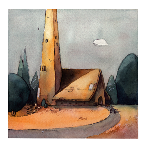 Watercolor painting of a church with a tall, narrow steeple, surrounded by trees and a curved pathway leading to the entrance.