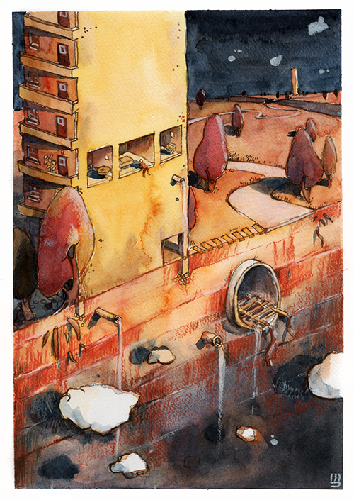 Watercolor painting of a rooftop scene at night with a yellow building, trees, and a city skyline in the background.