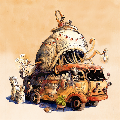 A whimsical illustration of a large, monstrous fish with a big open mouth, sitting atop a vintage orange bus. The fish is decorated with string lights, and a small boat is on its back with a person inside, holding a paddle. The bus is cluttered with 