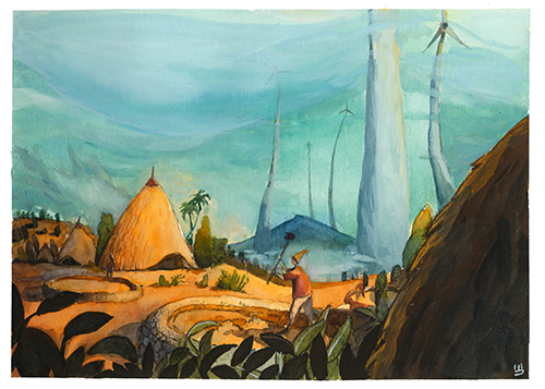Painting of a rural landscape with wind turbines, a person working, a haystack, and lush greenery.