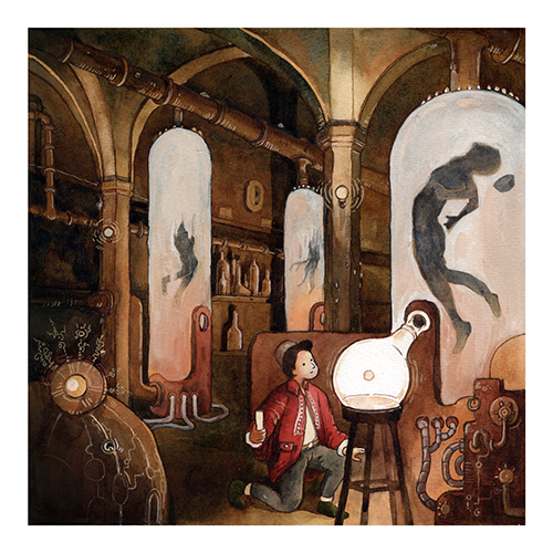 A young girl in a red jacket kneels on the floor, observing a large glass beaker emitting bright light in a science laboratory filled with pipes and mysterious equipment. In the background, silhouetted figures appear inside floating glass containers,