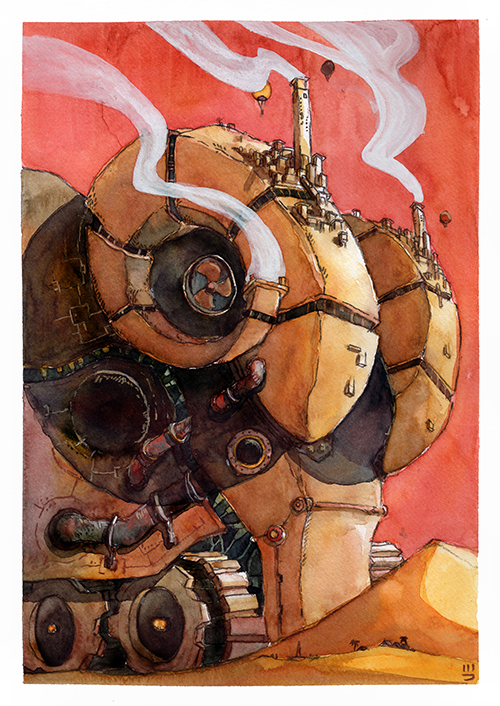 Watercolor painting of a large, industrial-style robotic machine with smokestacks emitting white smoke against a red sky, and a small hill in the foreground.