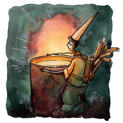 A whimsical illustration of a person dressed as a wizard holding a large pot or cauldron, with a glowing fire inside, radiating light and sparks. The person wears a tall, pointed hat and glasses, carrying a bundle of firewood on their back.