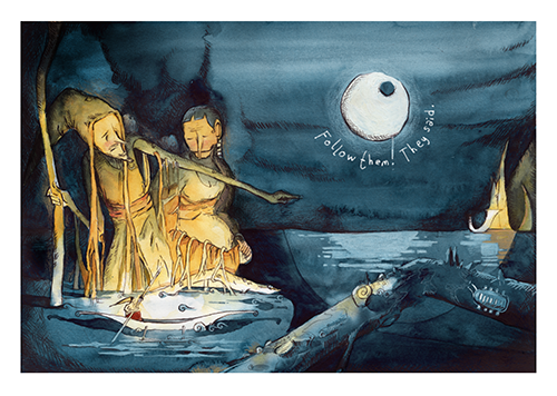 Two children in yellow raincoats with hoods, sitting on a log near a body of water inside a dark cave, with a large owl flying overhead and a whale in the water, and the phrase 'Follow them! The owl' written in the sky.