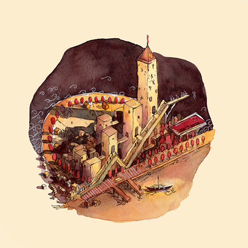 A watercolor illustration of a small fortress with a tall tower, surrounded by a curved wall with red flags, built on a rocky hill overlooking water with a small boat.