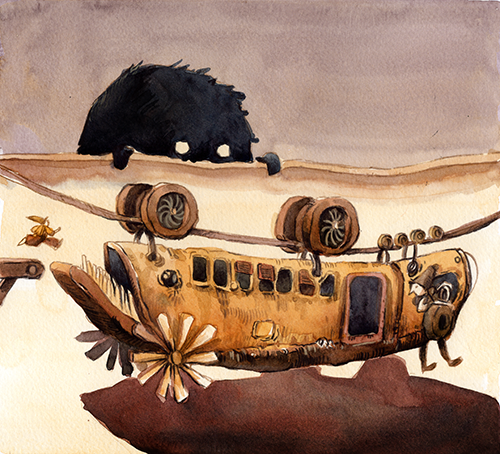 Painting of a damaged airplane hanging upside down in the air, with a black bear on a hill in the background and a bee flying nearby.