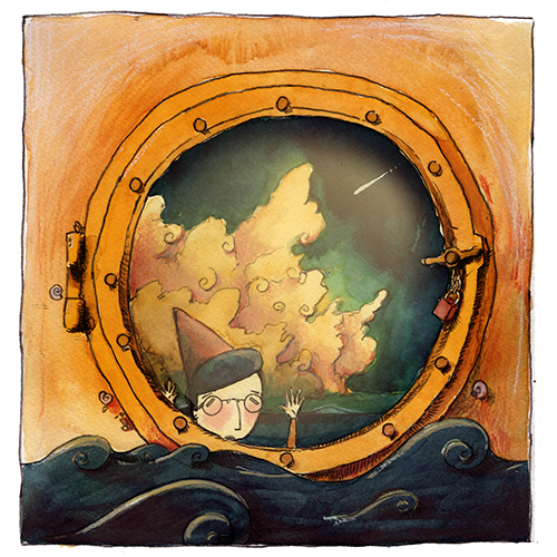 A person with glasses and a pointed hat waves from inside a submarine, looking out of a circular window at the ocean with a raging storm outside.
