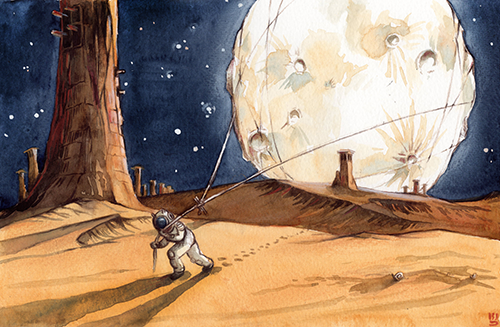 An astronaut on the moon's surface, holding a string attached to a large moon with craters and stars in the night sky, with a tall tree and distant buildings.