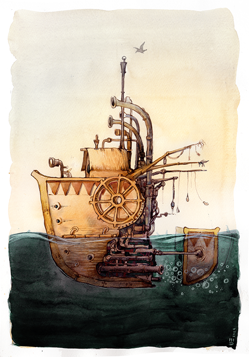 A whimsical, steampunk-inspired ship made of scrap metal and wood, floating on water with bubbles and a bird flying overhead.