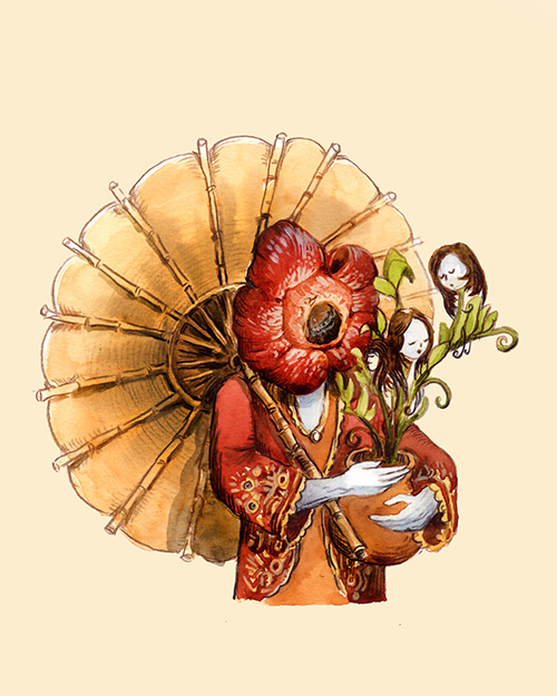 An illustration of a person with a large red flower as a head, wearing a red patterned kimono, holding a plant with two human-like faces and green leaves, with a large parasol in the background.