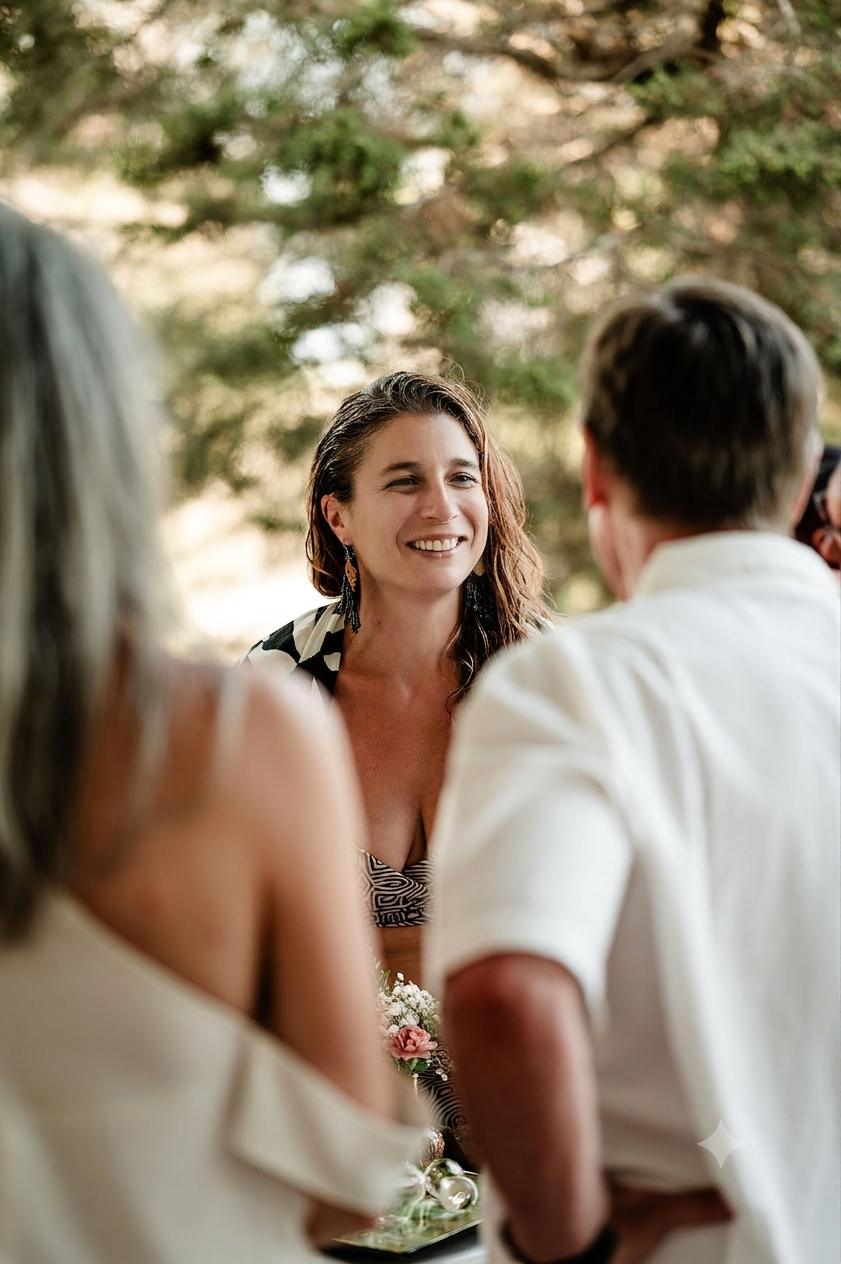 Group of people outdoors, smiling and engaged in conversation, with a woman in focus, surrounded by blurred trees.