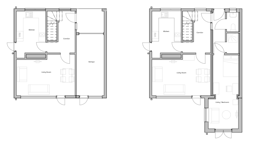 Before and after plan showing the single garage conversion into a habitable space, including a rear extension.