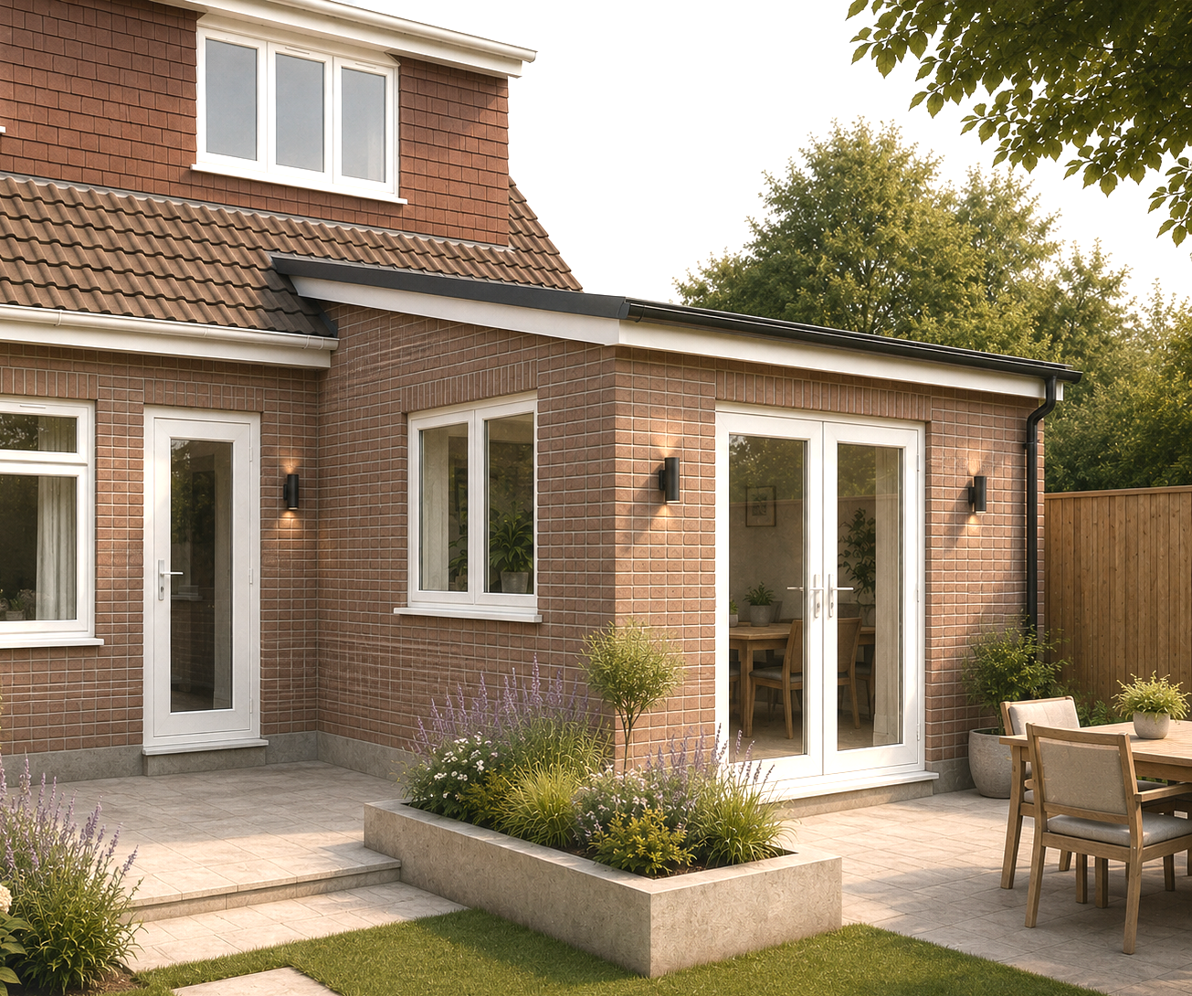 A single garage conversion into a habitable space and rear extension.