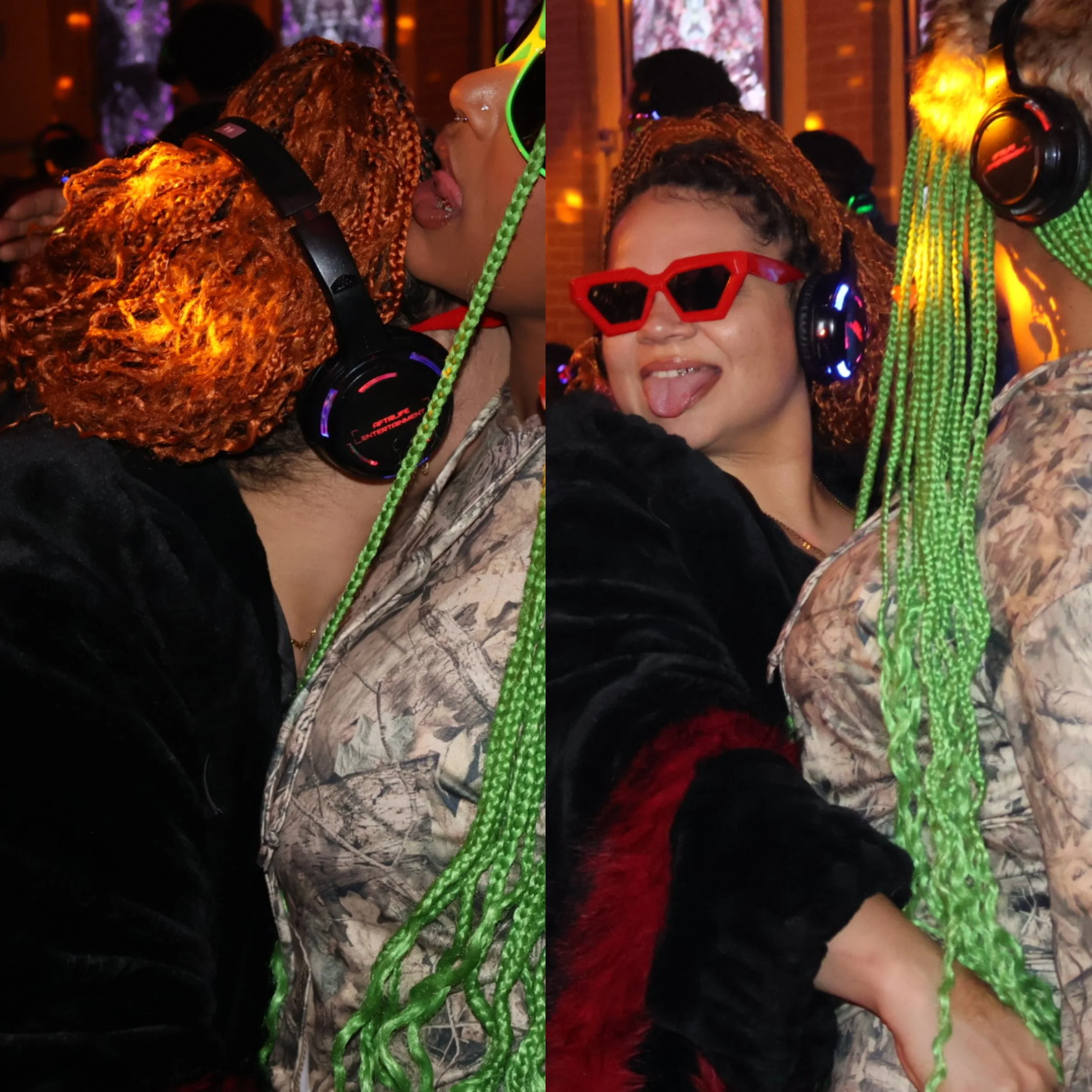 Two women are wearing headphones with colorful lights at a party or nightclub, dancing and enjoying themselves, with one woman sticking out her tongue.