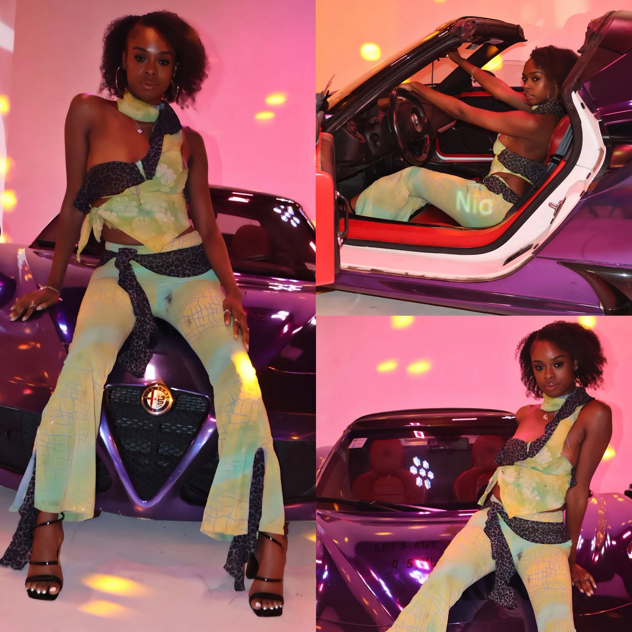 A young woman with curly hair and hoop earrings poses in front of a sports car with a pink background. In the second part, she is sitting inside the convertible sports car, with her arm extended out of the car door, wearing the same stylish outfit an