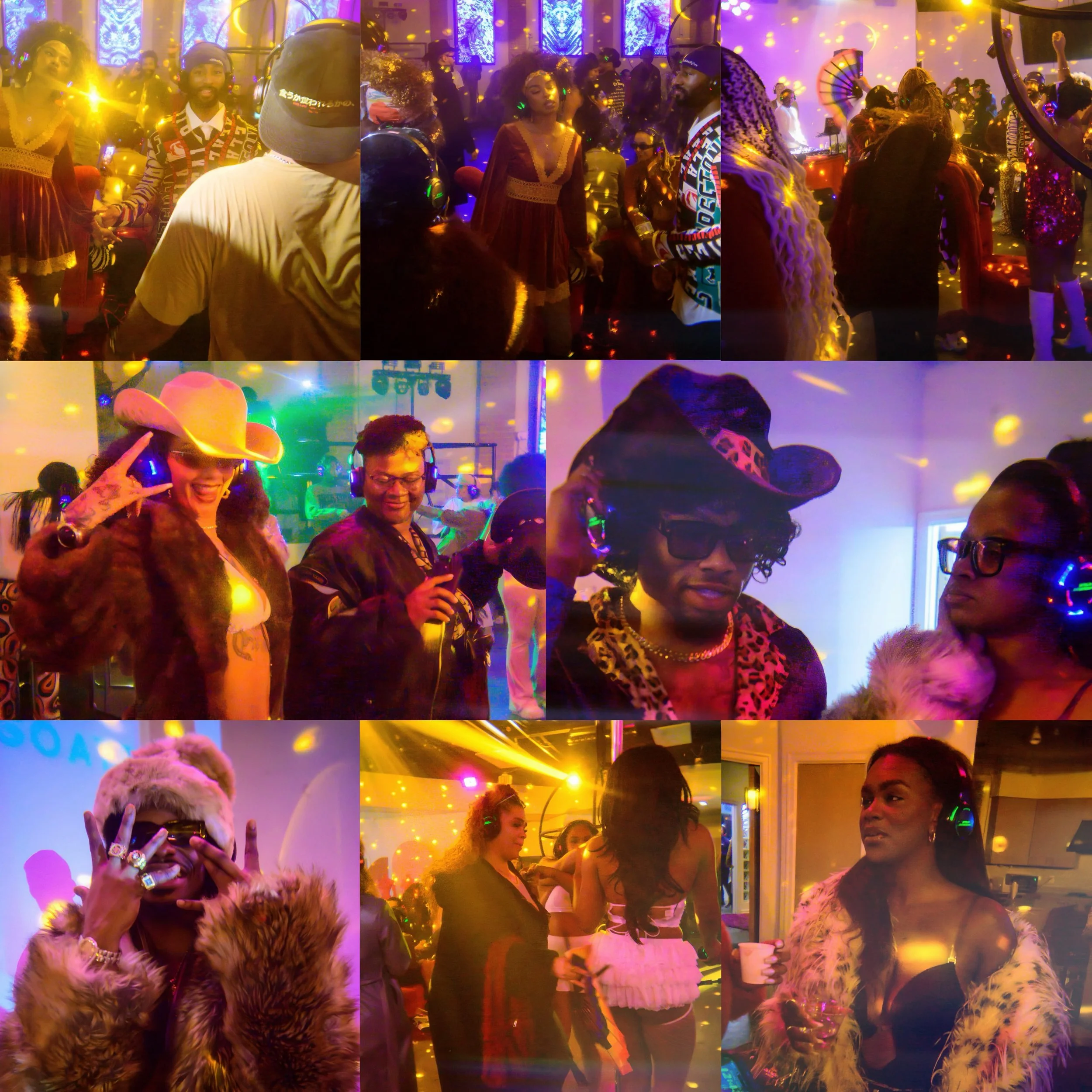 People dancing and socializing at a lively party with colorful lights and decor, some wearing costumes and accessories.